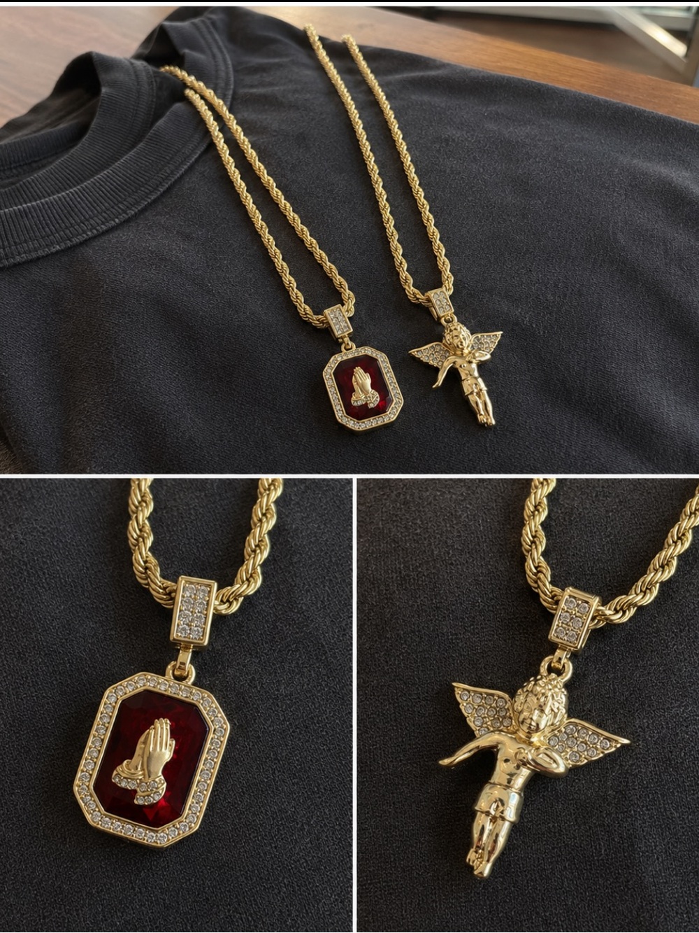 Men’s Gold Angel Praying Hands Red Diamnd Pendant Set 24 30” Hip Hop Rope Chains